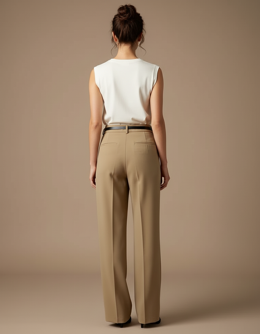 Pantalon Beige Fluide Ample Taille Haute Élégant Femme - Polyester - vue 2