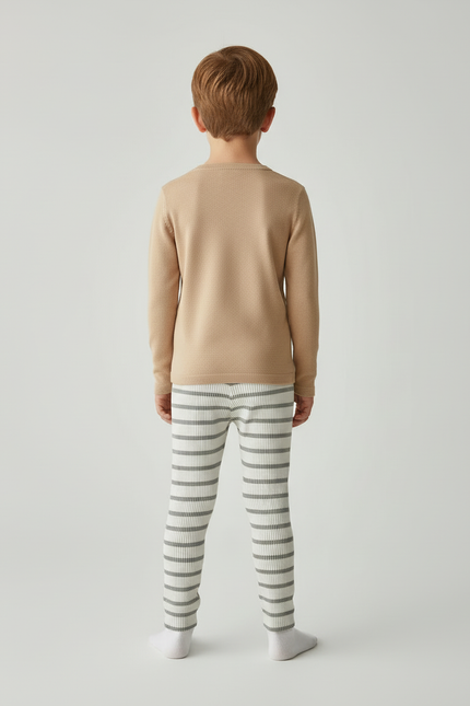 Pantalon Beige Côtelé Rayé Élastique Enfant Coton - Imprimé Maille - vue 2