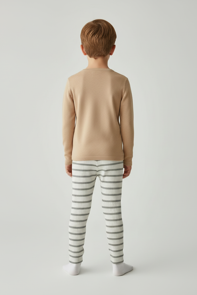 Pantalon Beige Côtelé Rayé Élastique Enfant Coton - Imprimé Maille - vue 2