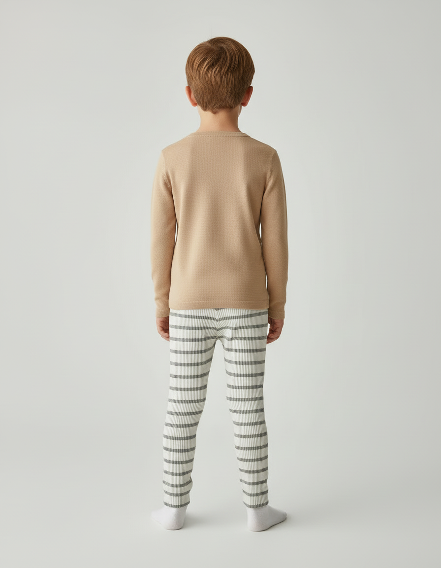 Pantalon Beige Côtelé Rayé Élastique Enfant Coton - Imprimé Maille - vue 2