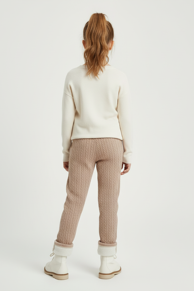 Pantalon Beige Tricoté Torsadé Enfant Chaud Hiver - Maille - vue 2