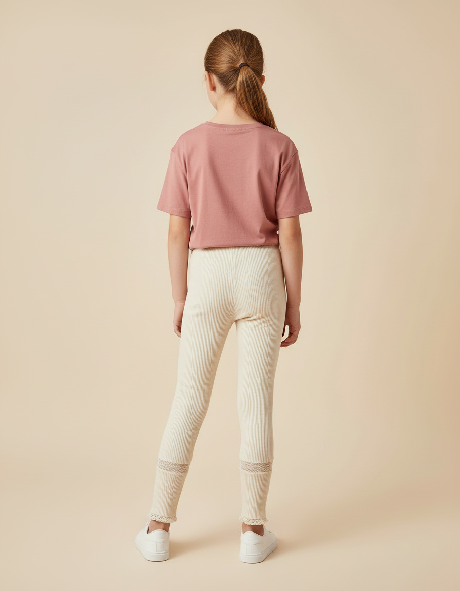 Pantalon Beige Côtelé Maille Dentelle Confortable Fille - vue 2