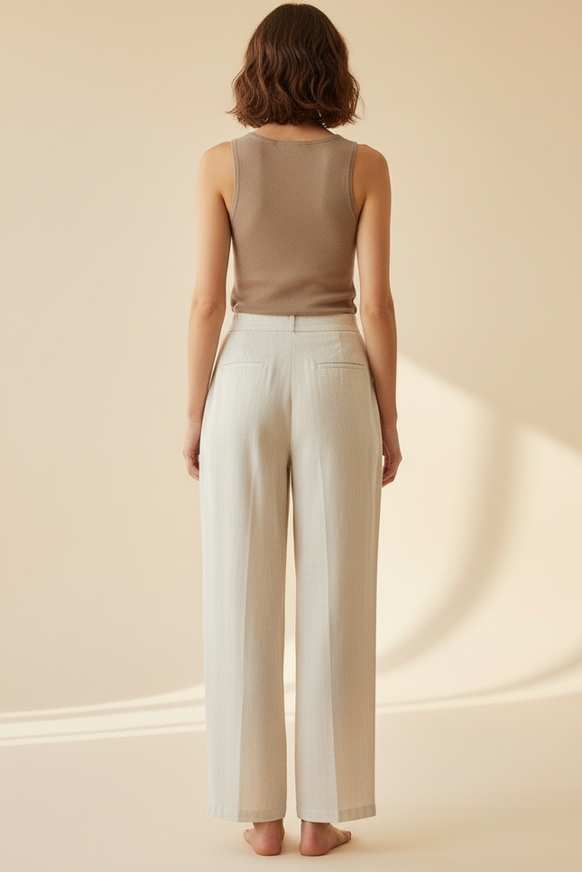 Pantalon Beige Large Fluide Plissé Lin Décontracté Femme - vue 2