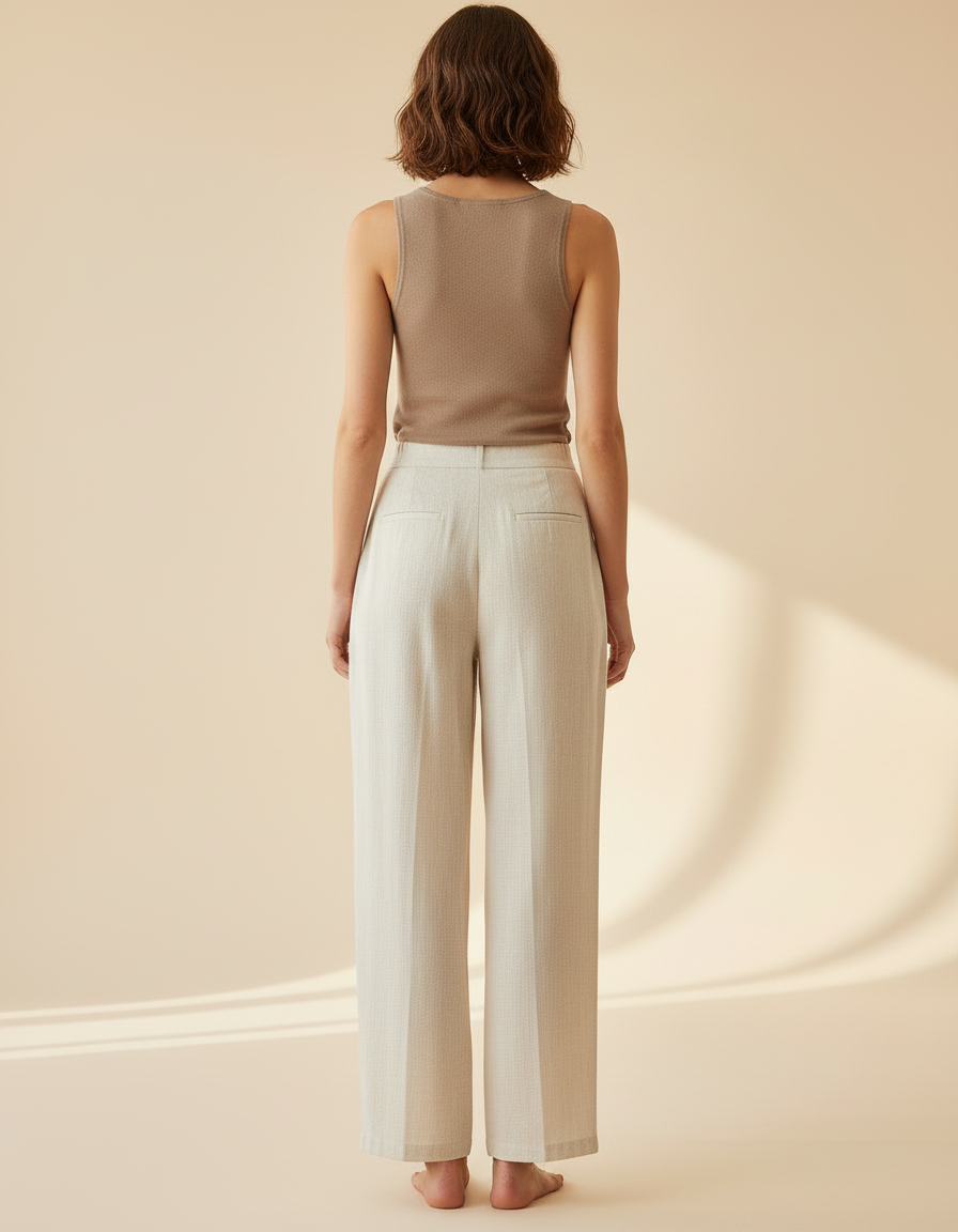 Pantalon Beige Large Fluide Plissé Lin Décontracté Femme - vue 2