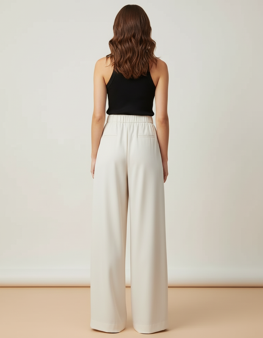 Pantalon Beige Fluide Ample Taille Haute Satiné - vue 2