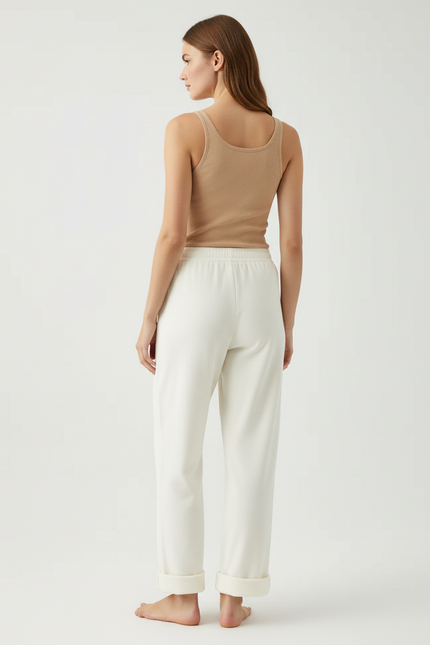 Pantalon Beige Ample Côtelé Décontracté Femme - Blanc Cordé - vue 2