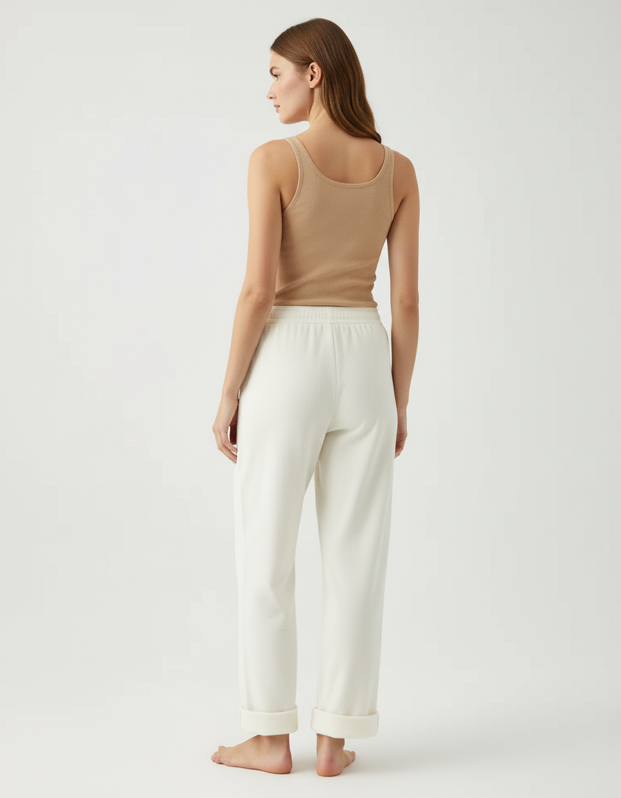 Pantalon Beige Ample Côtelé Décontracté Femme - Blanc Cordé - vue 2