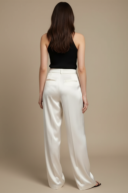 Pantalon Beige Satin Fluide Large Élégant Femme - vue 2