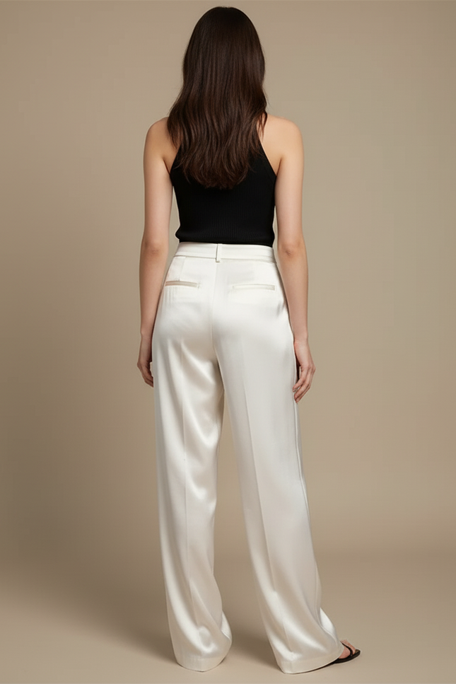 Pantalon Beige Satin Fluide Large Élégant Femme - vue 2