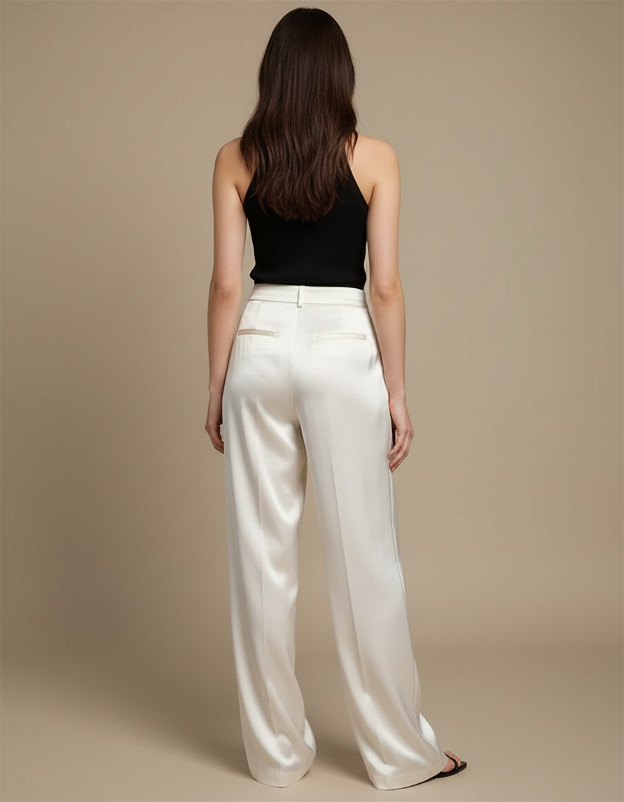 Pantalon Beige Satin Fluide Large Élégant Femme - vue 2