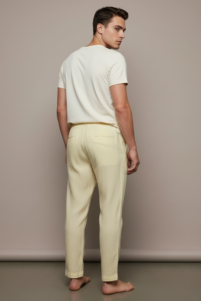 Pantalon Beige Lin Décontracté Cordon Homme Léger - Jaune - vue 2