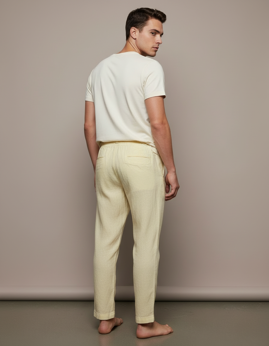 Pantalon Beige Lin Décontracté Cordon Homme Léger - Jaune - vue 2