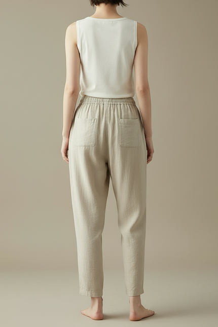 Pantalon Beige Ample Coton Lin Décontracté Femme - vue 2