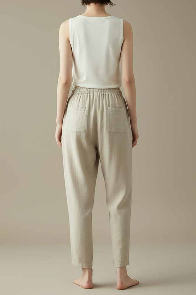 Pantalon Beige Ample Coton Lin Décontracté Femme - vue 2