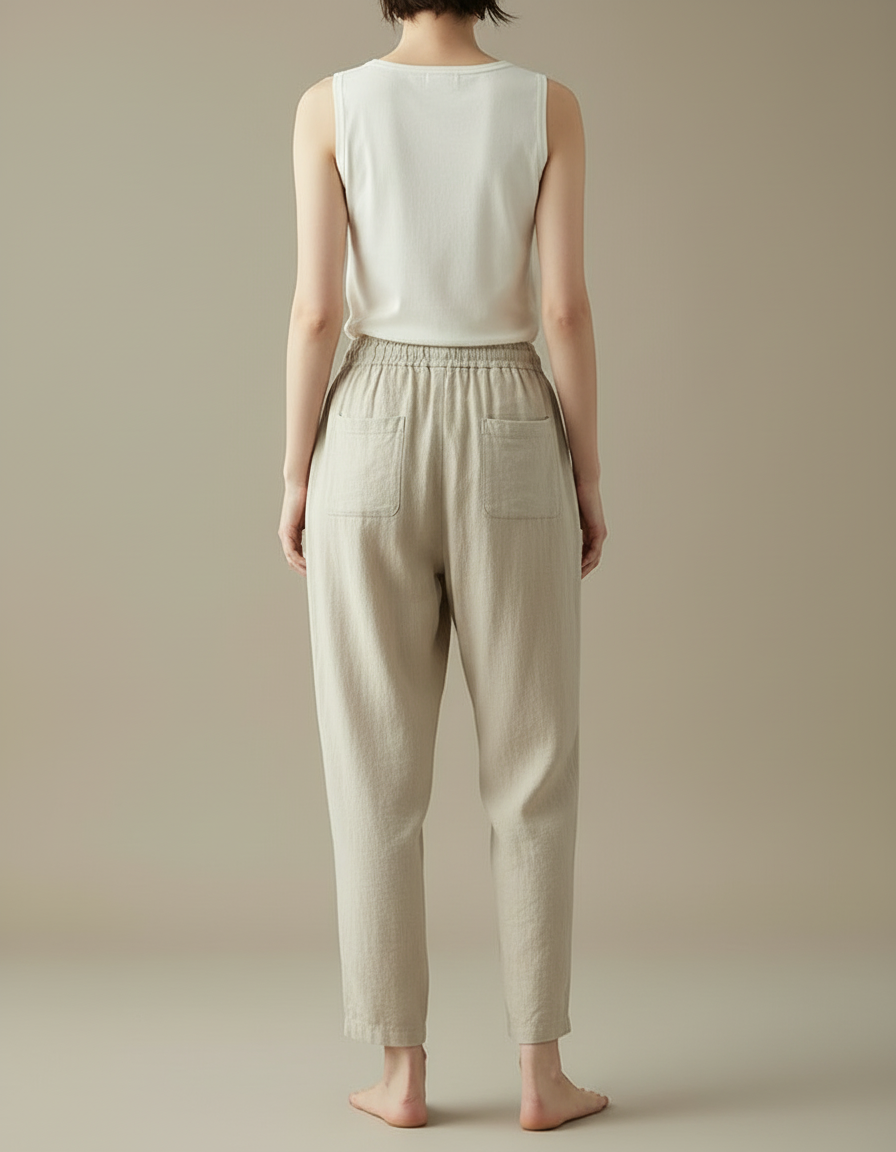 Pantalon Beige Ample Coton Lin Décontracté Femme - vue 2