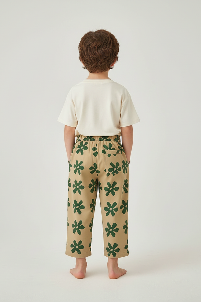 Pantalon Beige Ample Coton Imprimé Floral Enfant Décontracté - vue 2