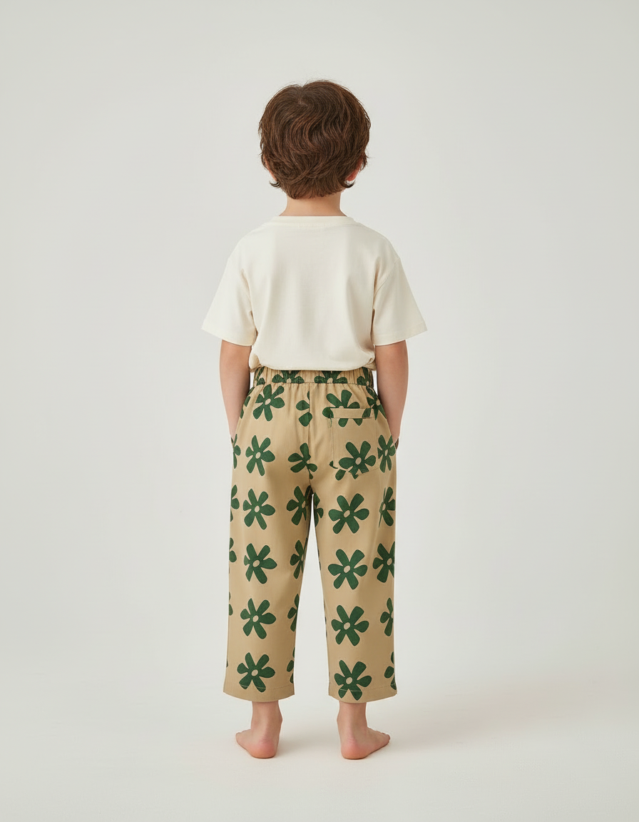 Pantalon Beige Ample Coton Imprimé Floral Enfant Décontracté - vue 2