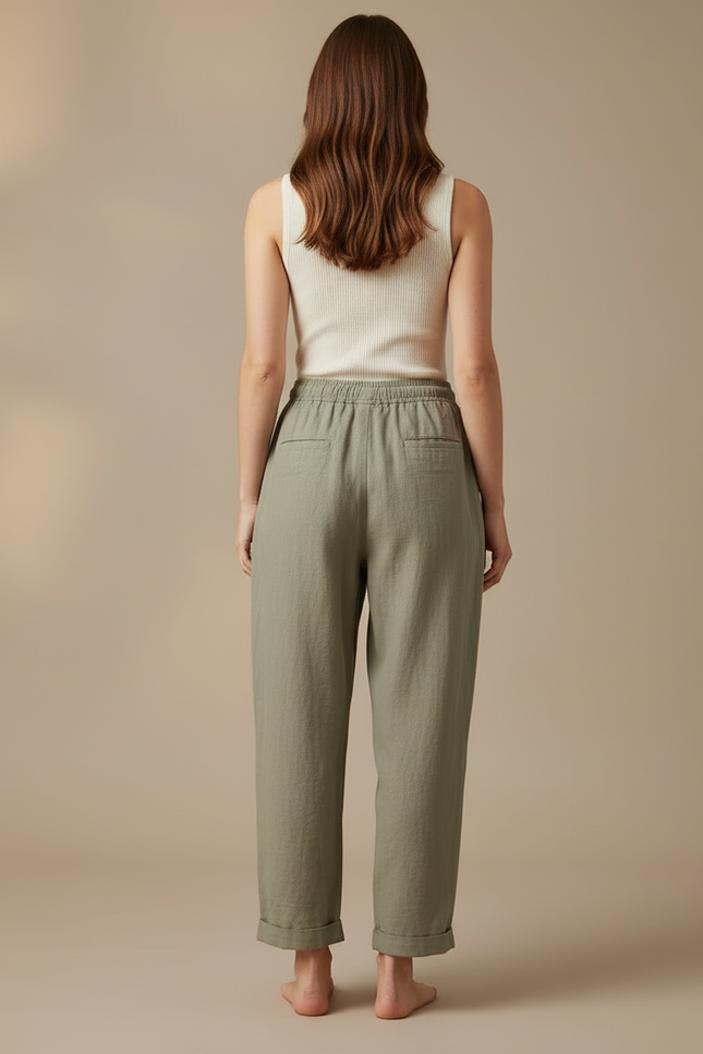 Pantalon Beige Coton Lin Ample Cordon Décontracté - Kaki - vue 2