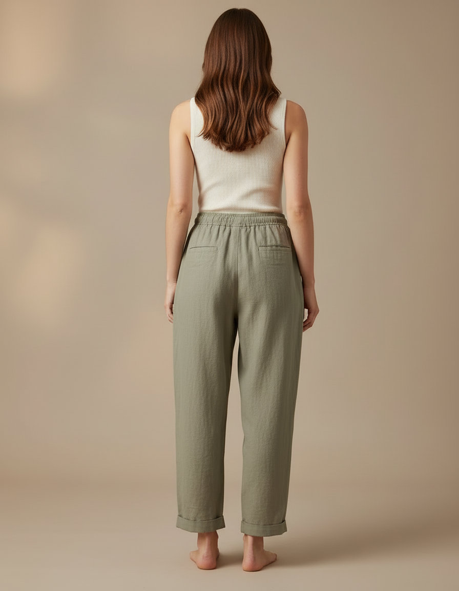 Pantalon Beige Coton Lin Ample Cordon Décontracté - Kaki - vue 2