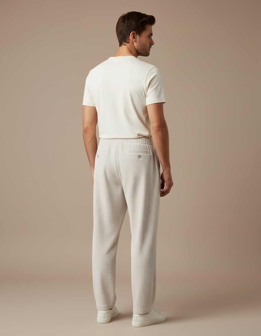 Pantalon Beige Côtelé Homme Ample Décontracté Plissé - Cordé - vue 2