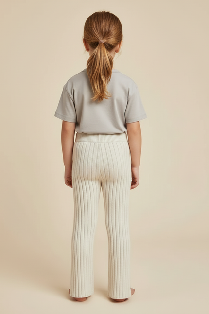 Pantalon Beige Tricoté Côtelé Évasé Enfant Doux - Maille - vue 2