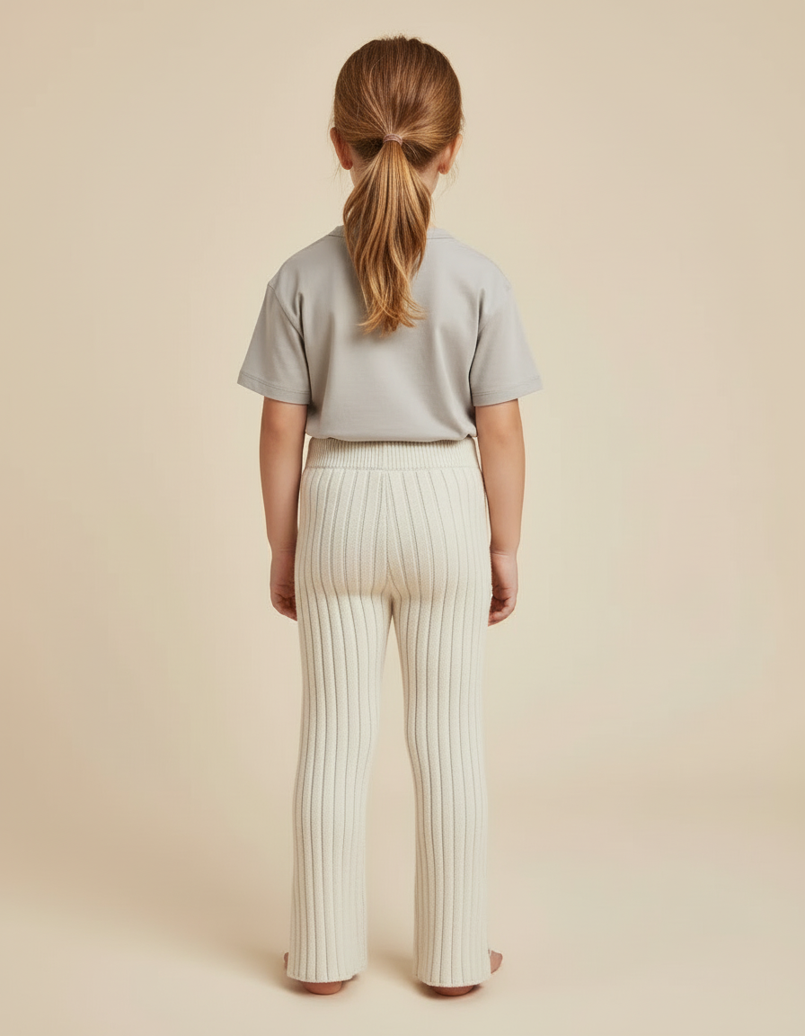 Pantalon Beige Tricoté Côtelé Évasé Enfant Doux - Maille - vue 2