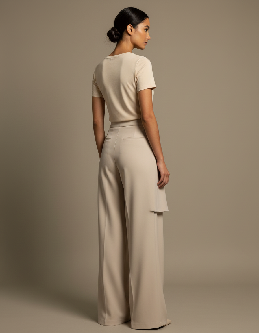 Pantalon Beige Fluide Ample Élégant Irrégulier Femme - Viscose - vue 2