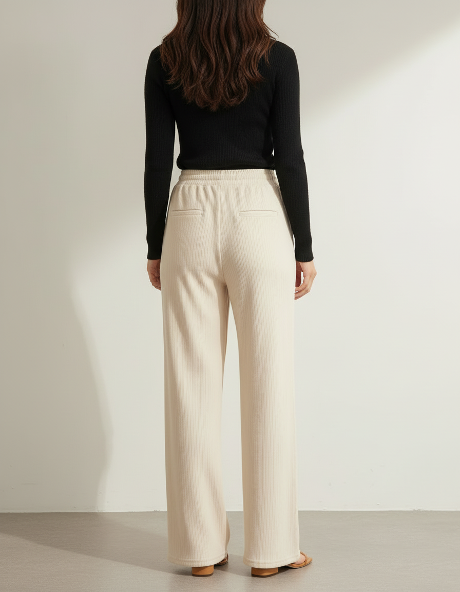 Pantalon Beige Côtelé Ample Élastique Confortable Femme - Maille - vue 2