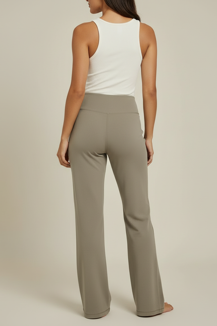 Pantalon Beige Évasé Taille Haute Confortable - Kaki Polyester - vue 2