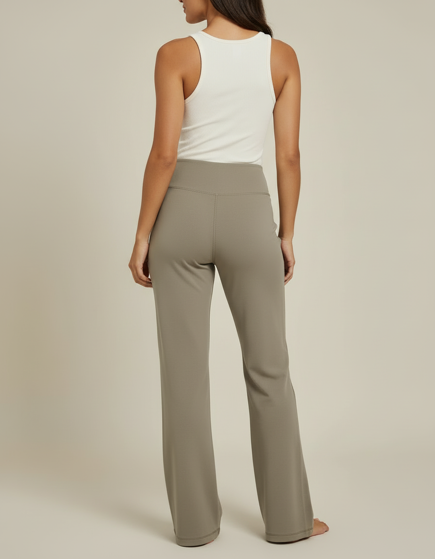 Pantalon Beige Évasé Taille Haute Confortable - Kaki Polyester - vue 2