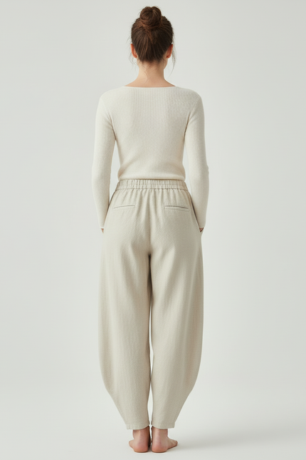 Pantalon Beige Ample Coton Lin Vintage Femme - vue 2