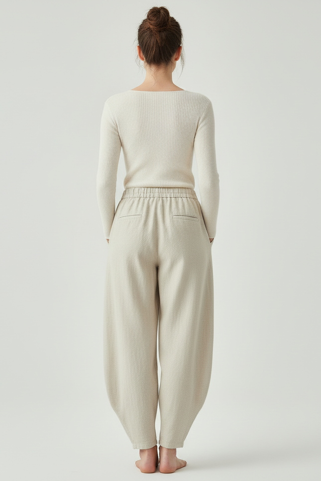 Pantalon Beige Ample Coton Lin Vintage Femme - vue 2