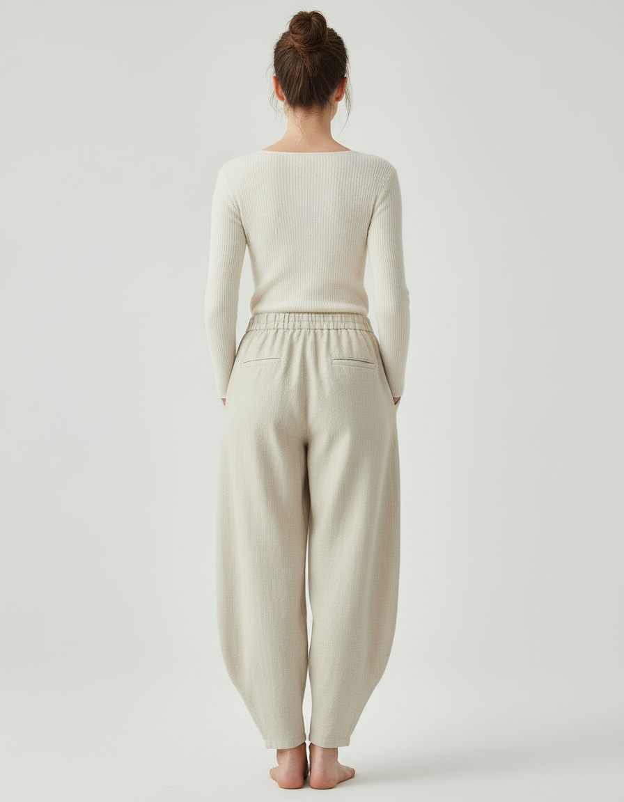 Pantalon Beige Ample Coton Lin Vintage Femme - vue 2