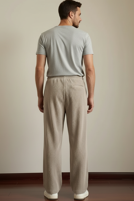 Pantalon Beige Côtelé Ample Droit Homme Décontracté - Cordé - vue 2