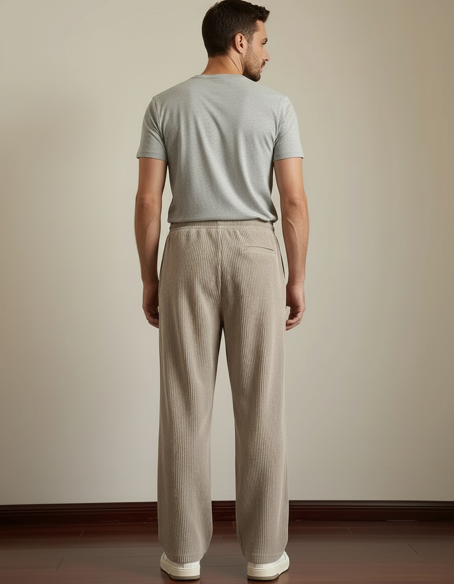 Pantalon Beige Côtelé Ample Droit Homme Décontracté - Cordé - vue 2
