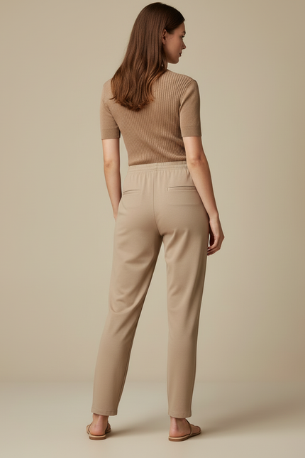 Pantalon Beige Fluide Décontracté Taille Élastique Femme - Maille - vue 2