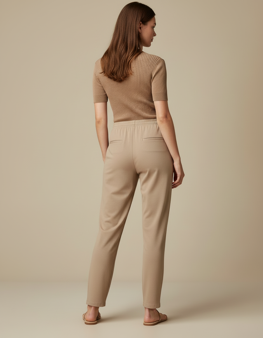 Pantalon Beige Fluide Décontracté Taille Élastique Femme - Maille - vue 2
