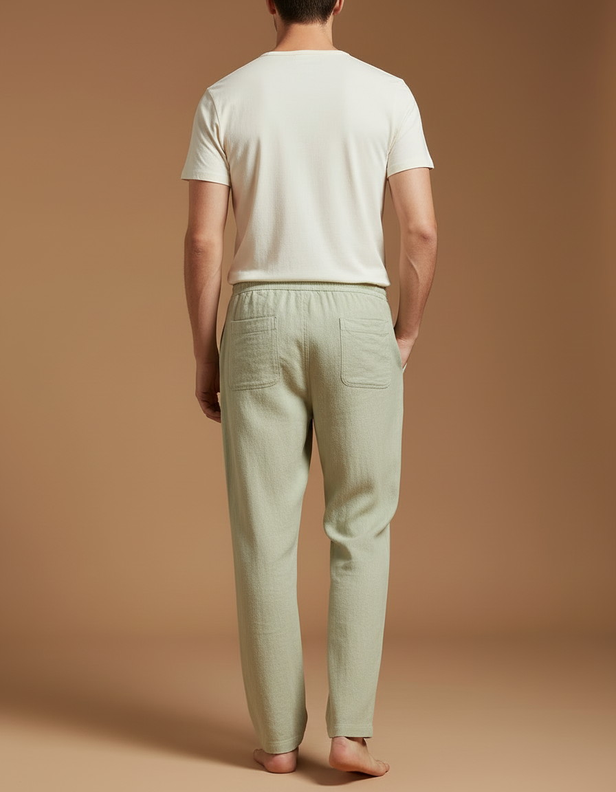 Pantalon Beige Lin Coton Ample Homme Décontracté - Vert - vue 2