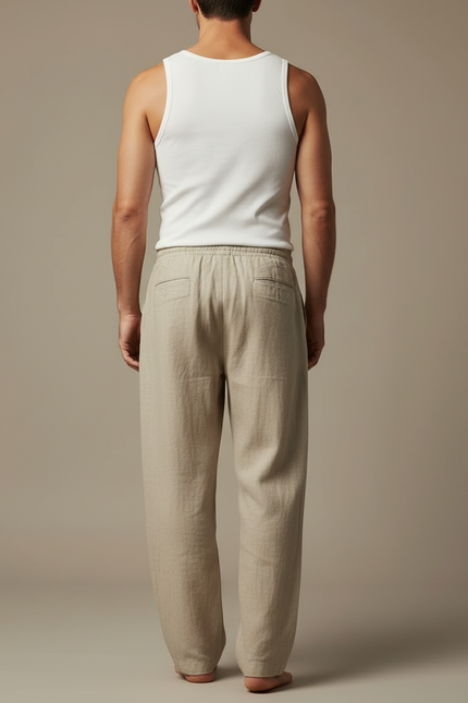 Pantalon Beige Lin Ample Décontracté Homme Cordon - vue 2
