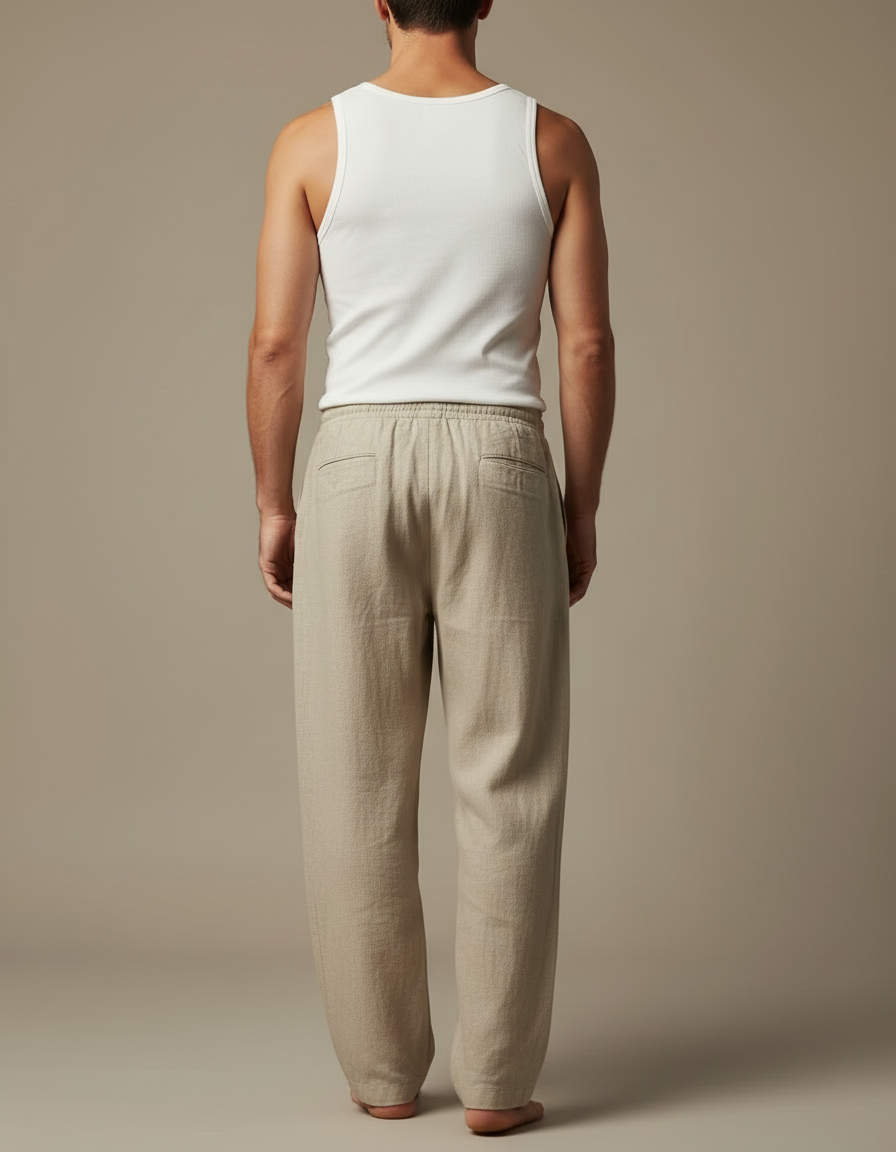 Pantalon Beige Lin Ample Décontracté Homme Cordon - vue 2