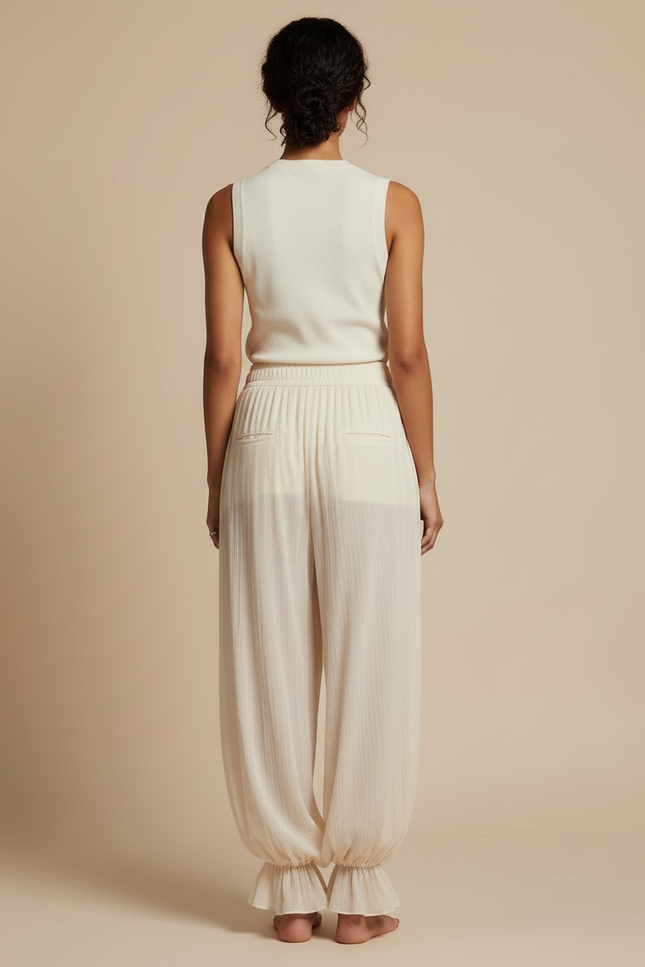 Pantalon Beige Plissé Ample Fluide Élastique Femme - Viscose - vue 2