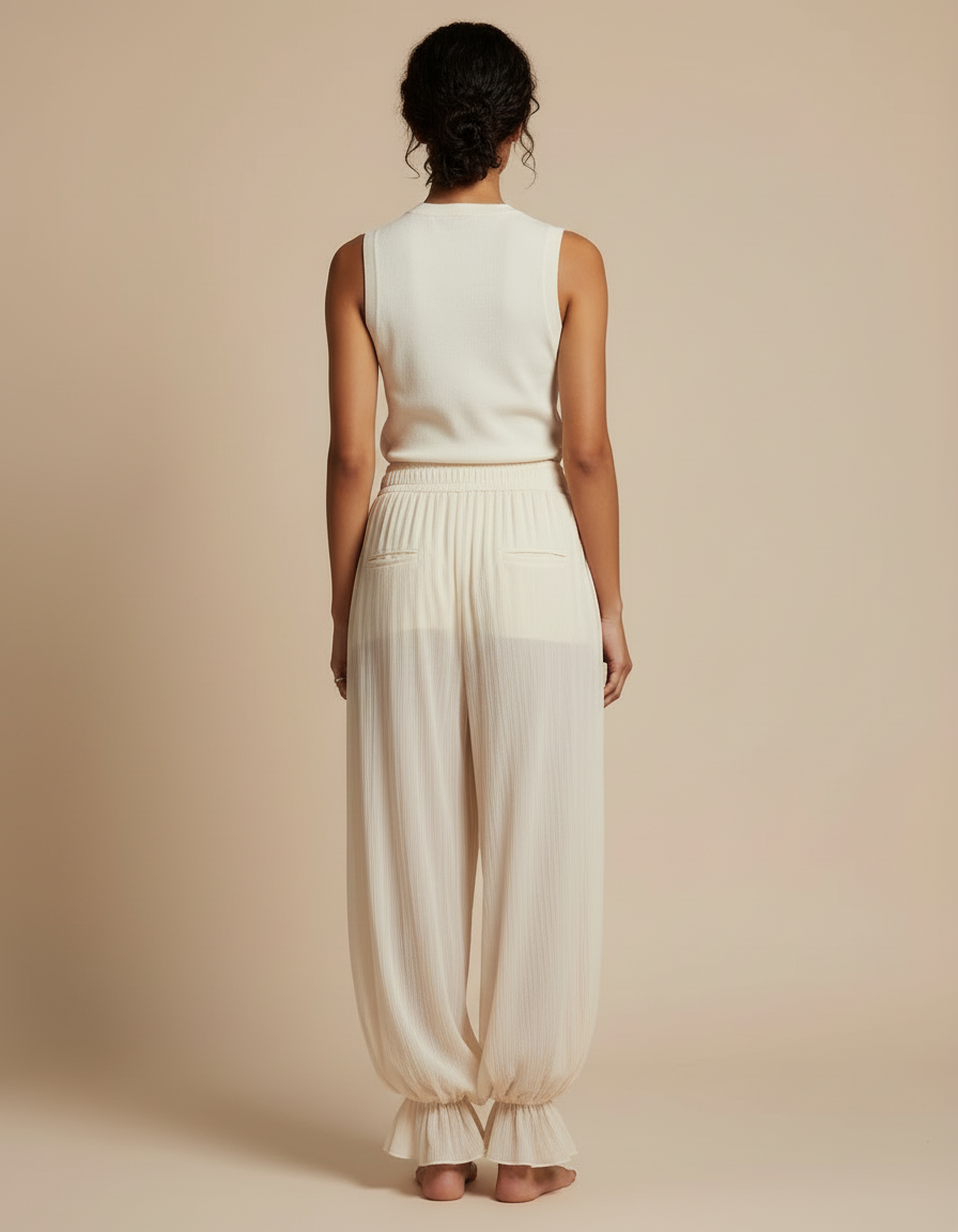 Pantalon Beige Plissé Ample Fluide Élastique Femme - Viscose - vue 2