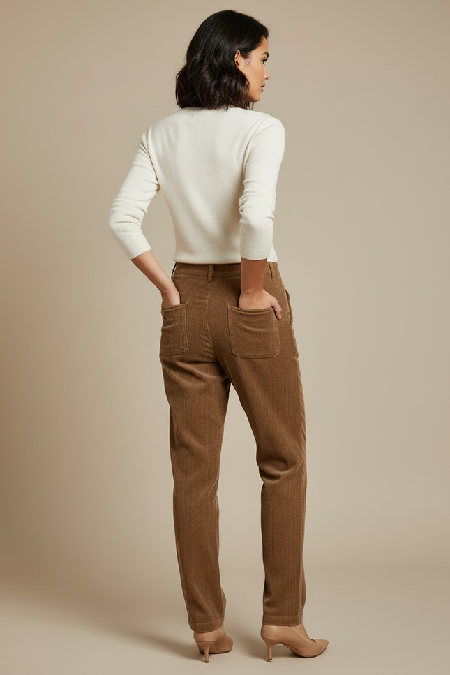 Pantalon Beige Côtelé Droit Taille Haute Élégant - Marron Cordé - vue 2