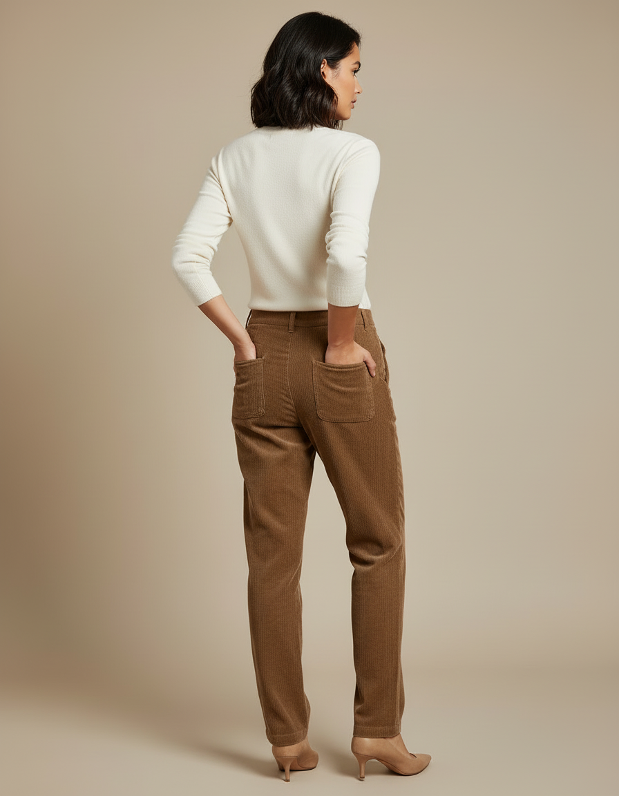 Pantalon Beige Côtelé Droit Taille Haute Élégant - Marron Cordé - vue 2