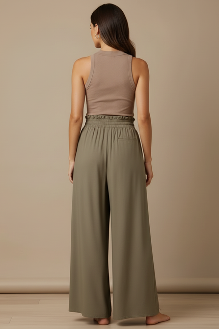 Pantalon Beige Fluide Ample Taille Haute Casual - Kaki Viscose - vue 2