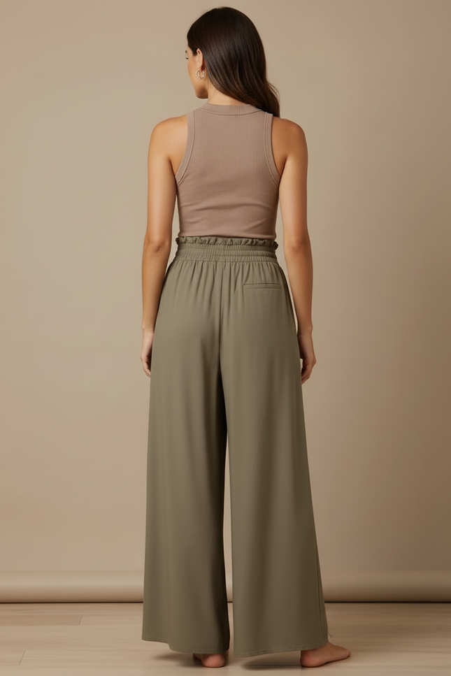 Pantalon Beige Fluide Ample Taille Haute Casual - Kaki Viscose - vue 2