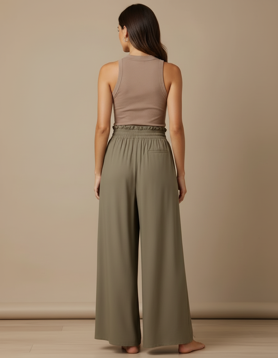 Pantalon Beige Fluide Ample Taille Haute Casual - Kaki Viscose - vue 2