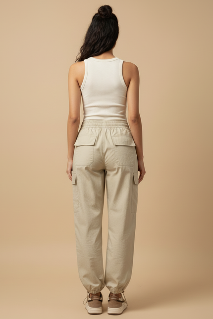 Pantalon Beige Cargo Ample Taille Haute Femme - Polyester - vue 2