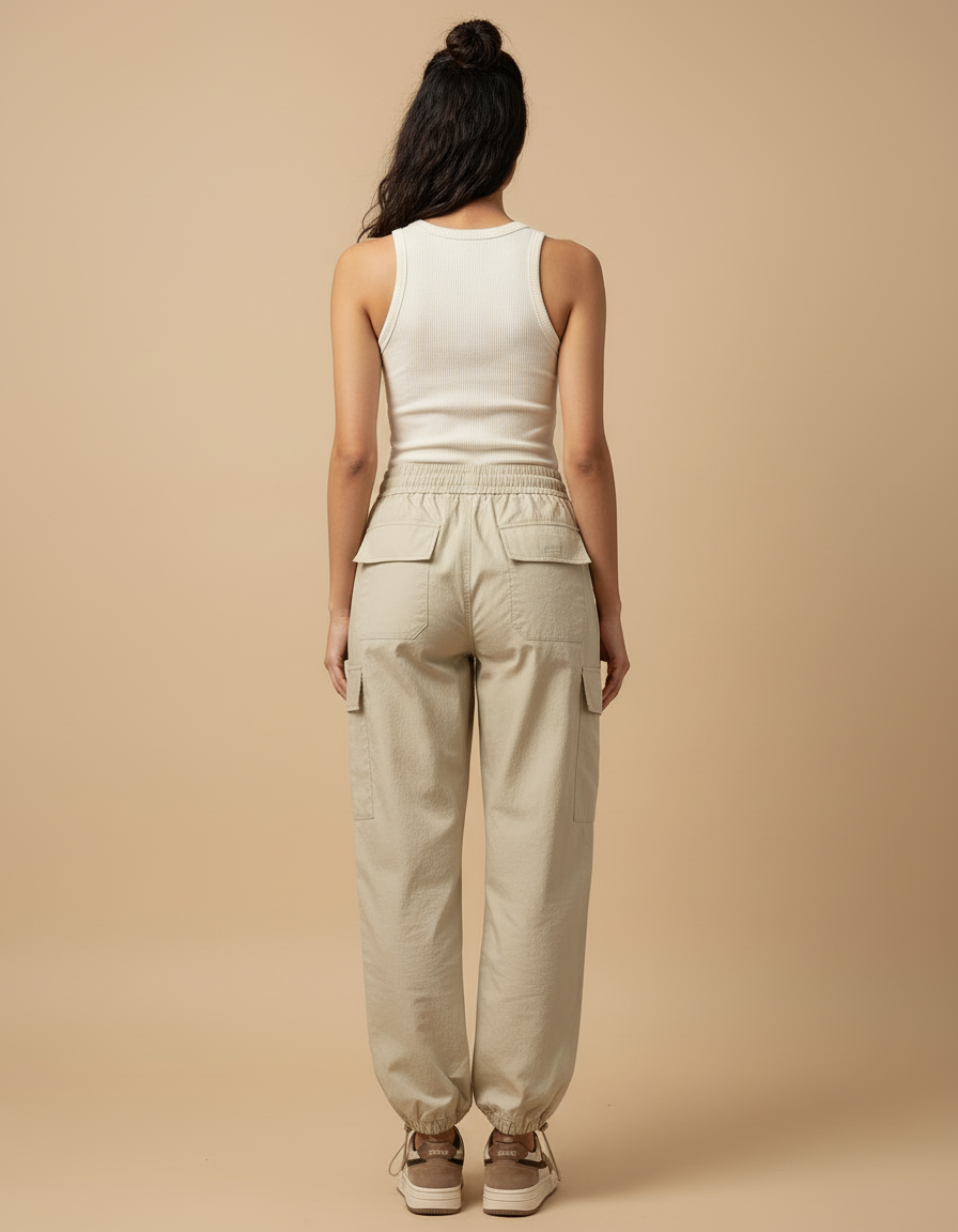 Pantalon Beige Cargo Ample Taille Haute Femme - Polyester - vue 2