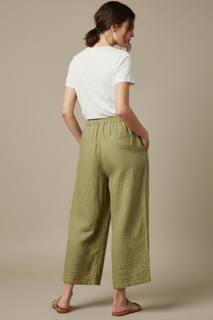 Pantalon Beige Fluide Lin Coton Élastique Décontracté Femme - Kaki - vue 2